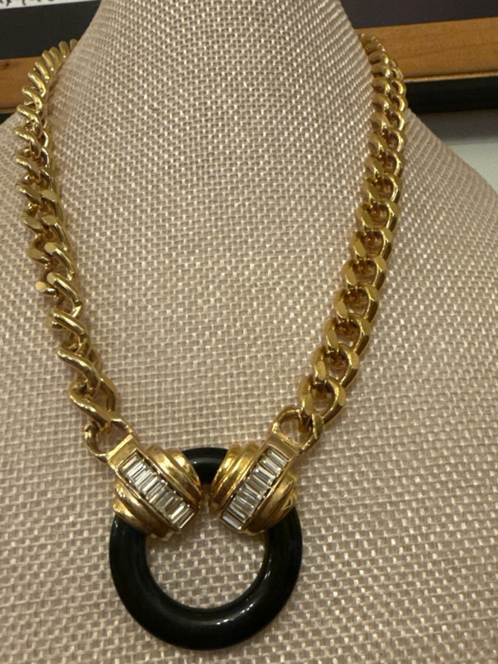 Vintage 80s Gold-Tone chain with Black Enamel Ring and Crystal Accents